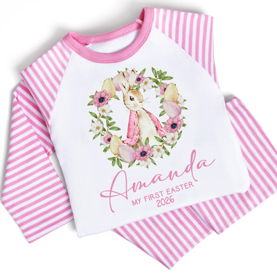 Personalised Baby Girl Pyjamas - My 1st Easter 6-12 Months Rabbit Pink Outfit Clothing Stripe PJs