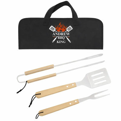 Personalised BBQ King Gift Set - 3 Piece Stainless Steel BBQ Tongs Tool Set with Wooden Handles & Custom Apron - Ideal Present for Men