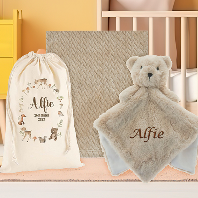 Personalised Teddy Bear Comforter Toy + Baby Blanket Gift Set for Newborns, Boys and Girls Shower Christening Includes Customised Gift Bag - Hoolaroo