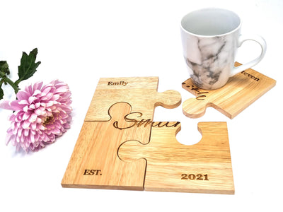 Personalised Jigsaw Wooden Coasters Set of 4 Personalised Wedding Gift Couples Gifts Family Puzzle - Hoolaroo