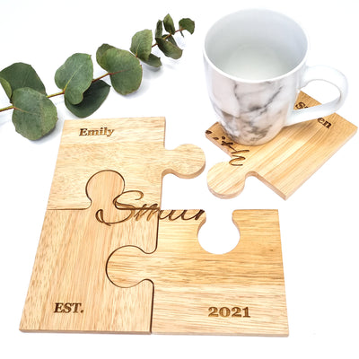 Personalised Jigsaw Wooden Coasters Set of 4 Personalised Wedding Gift Couples Gifts Family Puzzle - Hoolaroo