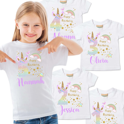 Personalised Birthday T-shirt for Girls Rainbow Unicorn Top 1st birthday outfit girl Age 1 2 3 4 5 I am 2nd 3rd 4th 5th Party First - Hoolaroo