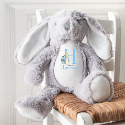 Personalised Bunny Rabbit Letter Name Baby Grey Blue Gift For Newborn Boy Teddy Bear 23cm New Baby Present Easter - Hoolaroo