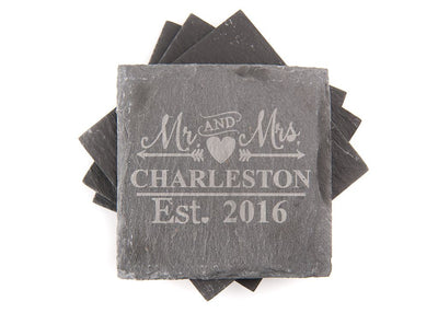 Personalised Engraved Set of 4 Natural Slate Mr & Mrs Coasters Wedding Gift - Hoolaroo