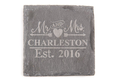 Personalised Engraved Set of 4 Natural Slate Mr &amp; Mrs Coasters Wedding Gift - Hoolaroo