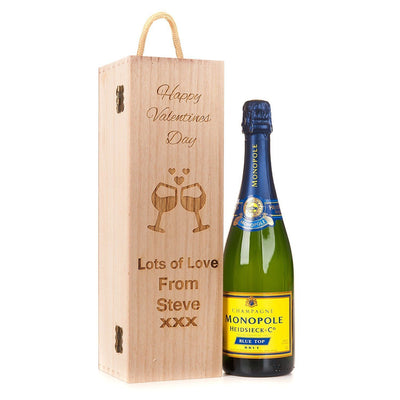 Personalised Engraved Wooden Valentines Day Wine Gift Box Champagne Prosecco - Hoolaroo