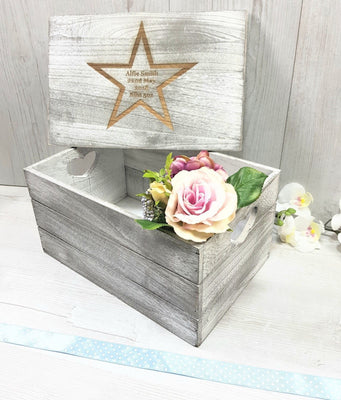 Personalised Keepsake Box Antique Wooden Crate For Memories Engraved Star Design - Hoolaroo