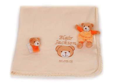 Personalised Name Embroidered 3 Piece Baby Blanket & toy Newborn Gift Set - Hoolaroo