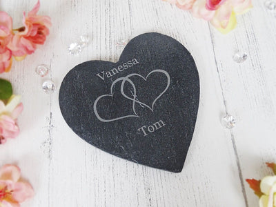 Personalised Slate Valentines Day Gift Coaster Heart Shaped Drink Mat Engraved - Hoolaroo