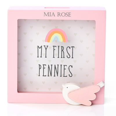 Personalised Money Box Frame Pink My First Pennies1st Piggy Bank Wooden Gift for Baby Girl - Hoolaroo