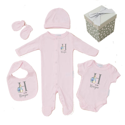 Personalised Pink 5-Piece Newborn Baby Girl Gift Set - Grey Bunny Design, Includes Sleepsuit, Bodysuit, Bib, Hat, Mittens in Cube Gift Box - Hoolaroo