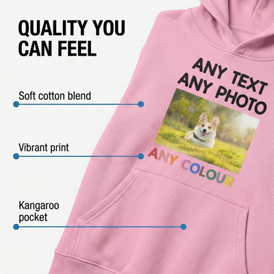 Custom Kids Hoodie: Personalised Photo & Text Design - Pink Girls Sweatshirt