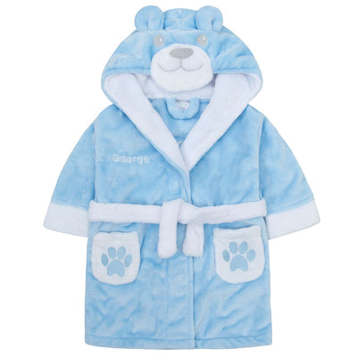 Personalised Embroidered Baby Boy's Puppy Dog Blue Bath Robe Dressing Gown - Hoolaroo