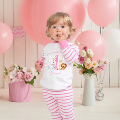 Personalised Birthday Pyjamas for Baby & Toddler Girls - Pink Jungle Animal Party PJs, Ages 6 Months to 4 Years - Custom Age Reveal Sleepwear - Hoolaroo