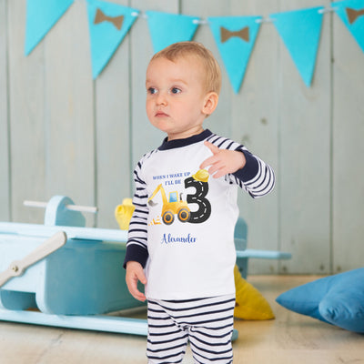 Boys Personalised Birthday Pyjamas - Blue Tractor Digger Design - 'When I Wake Up, I Will Be One Two Three Four' PJs - Hoolaroo