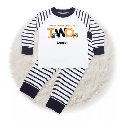 Boys Personalised Birthday Pyjamas - Blue Tractor Digger Design - 'When I Wake Up, I Will Be One Two Three Four' PJs - Hoolaroo
