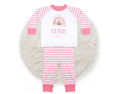 Personalised Girls Birthday Pyjamas - Pink Rainbow Princess Castle Design - 'When I Wake Up' Age One to Four PJs - Hoolaroo