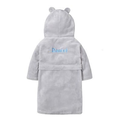 Embroidered Personalised Soft Baby Silver Dressing Gown Bath Robe Teddy Ears - Hoolaroo