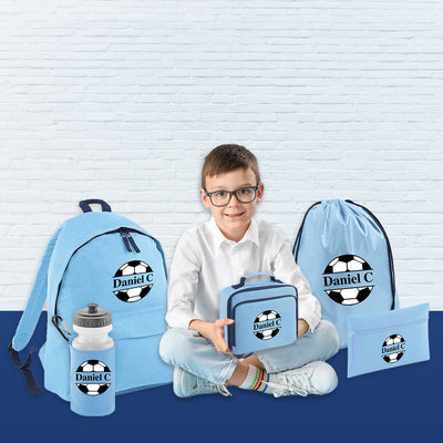 Personalised Football Design Back to School Set for Kids - Custom Name BackPack, Water Bottle, PE Gym Bag Box, Large Capacity Insulated Lunch Bag, Pencil Case Name Blue + Black - Hoolaroo