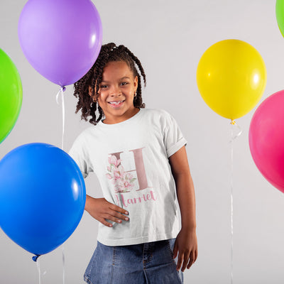 Personalised Floral Rose Gold Kids T-Shirt, Kids Custom Name Top, Girls Personalised Children's T-Shirt, Customised Kid's Tee, Birthday Top - Hoolaroo