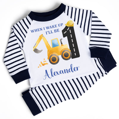 Boys Personalised Birthday Pyjamas - Blue Tractor Digger Design - 'When I Wake Up, I Will Be One Two Three Four' PJs