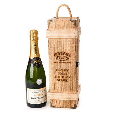 Personalised Engraved Wooden Vintage Chest Wine Gift Box Birthday Champagne 30th 40th 50th 60th - Hoolaroo